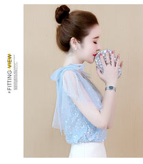 Mumzar women's sequin chiffon blouse in light blue with stylish sheer sleeves and a bow tie