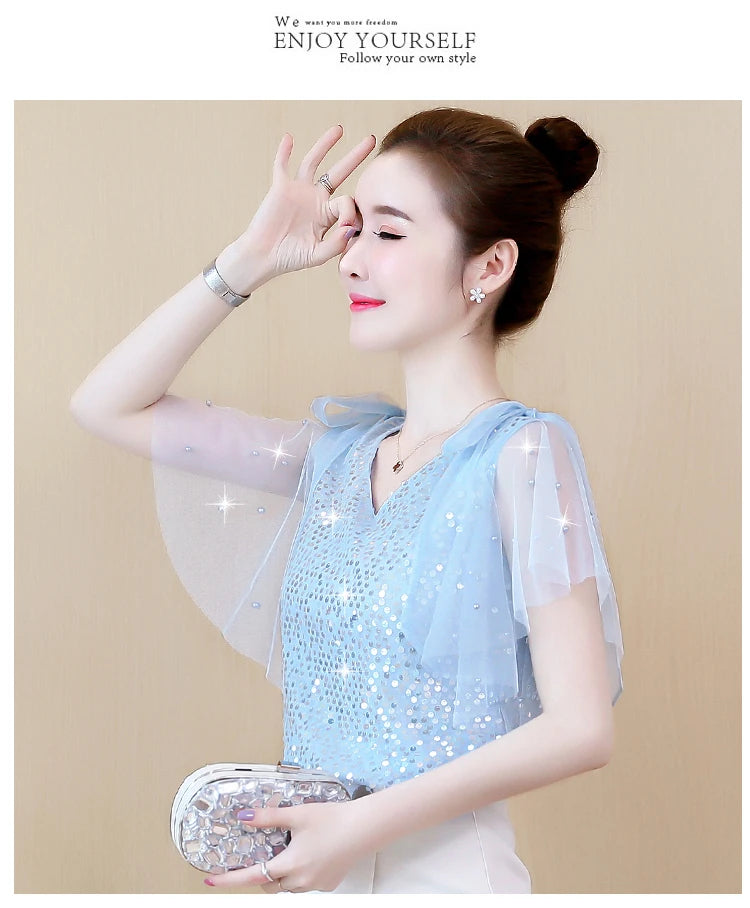 Mumzar women's sequin chiffon blouse in light blue with elegant sheer sleeves and sparkling details