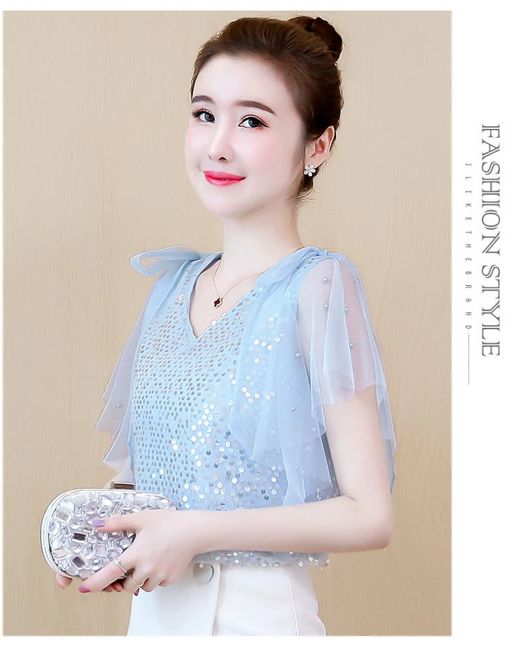 Mumzar women's sequin chiffon blouse in light blue with flutter sleeves, perfect for elegant occasions