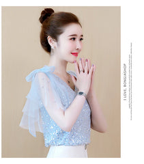Mumzar women's sequin chiffon blouse in light blue with elegant flutter sleeves