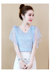 Mumzar women's sequin chiffon blouse in light blue with stylish ruffled sleeves and a flattering v-neck design
