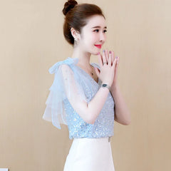 Mumzar women's sequin chiffon blouse in light blue with elegant ruffled sleeves for a stylish look