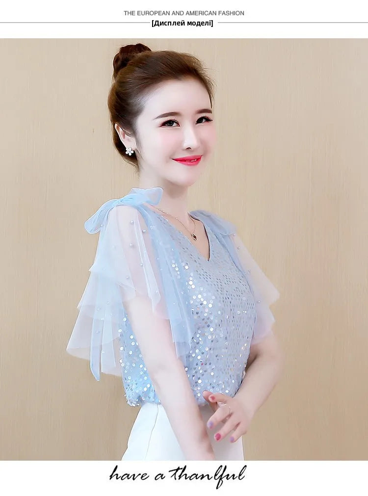 Light blue women's sequin chiffon blouse with ruffled sleeves and a V-neck design for a stylish look