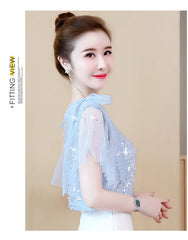 Light blue women's sequin chiffon blouse with delicate sheer sleeves and sparkling details