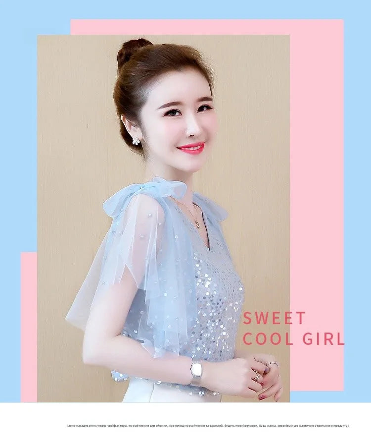 Light blue women's sequin chiffon blouse with stylish bow sleeves for a trendy and elegant look