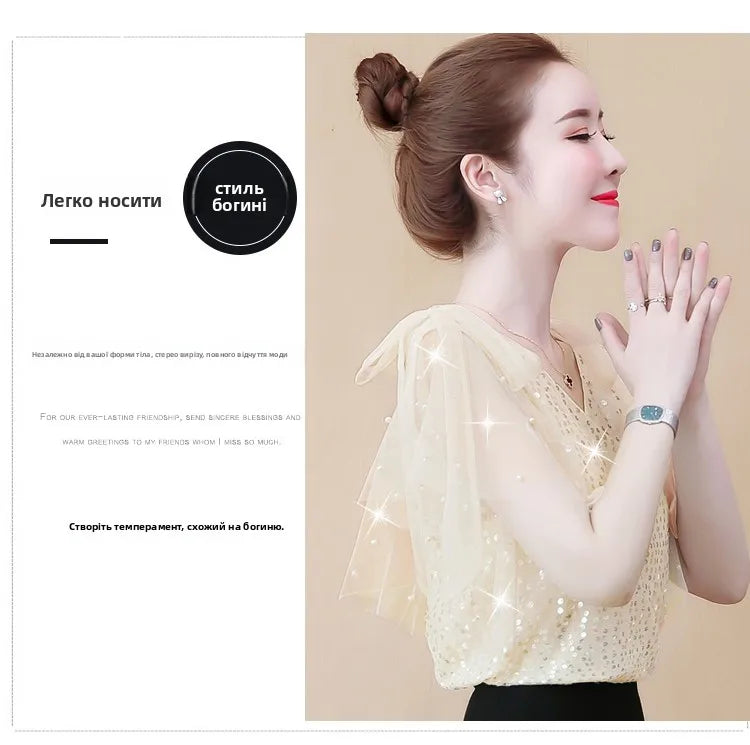 Mumzar women's sequin chiffon blouse with elegant design and stylish bow tie sleeves