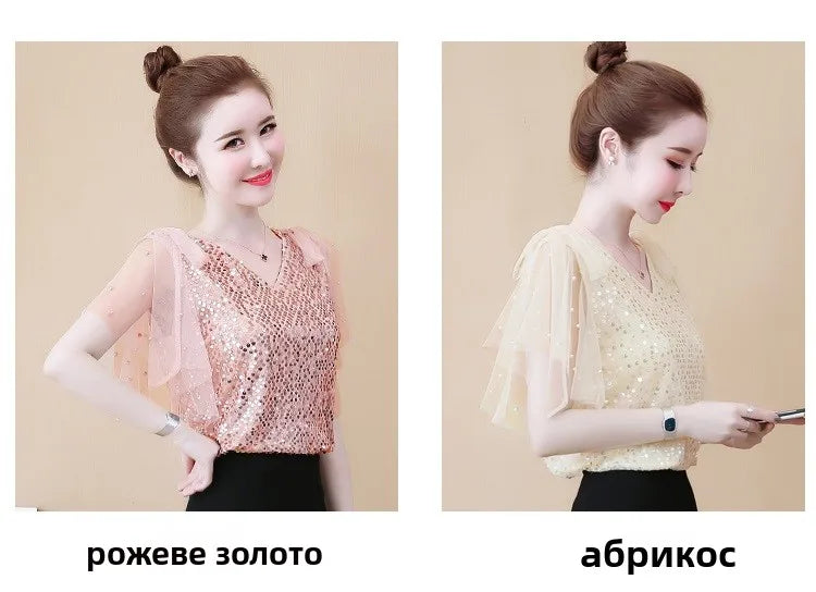 Mumzar women's sequin chiffon blouse showcased in rose gold and apricot colors with elegant ruffled sleeves
