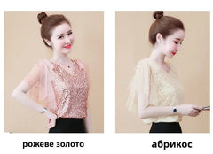 Mumzar women's sequin chiffon blouse showcased in rose gold and apricot colors with elegant ruffled sleeves