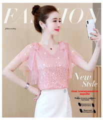 Mumzar women's sequin chiffon blouse in pink with ruffled sleeves, perfect for stylish occasions