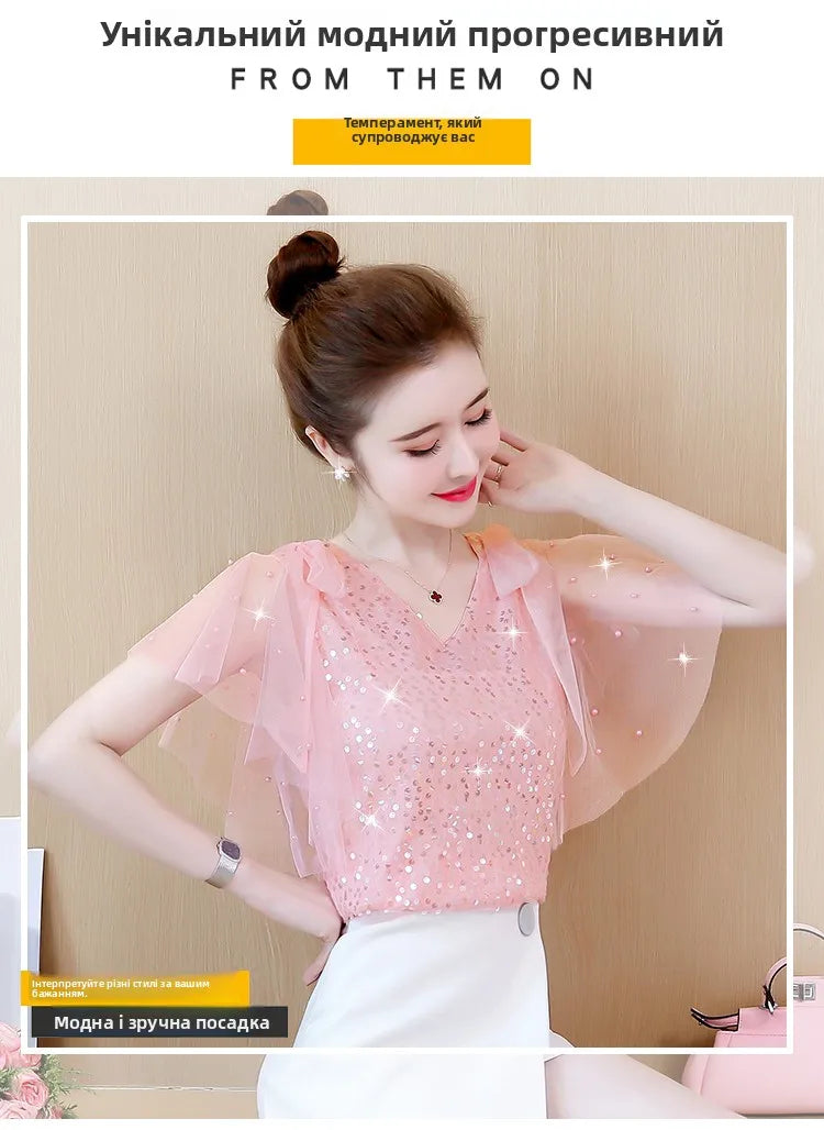 Mumzar women's sequin chiffon blouse in soft pink with flowy sleeves and trendy design
