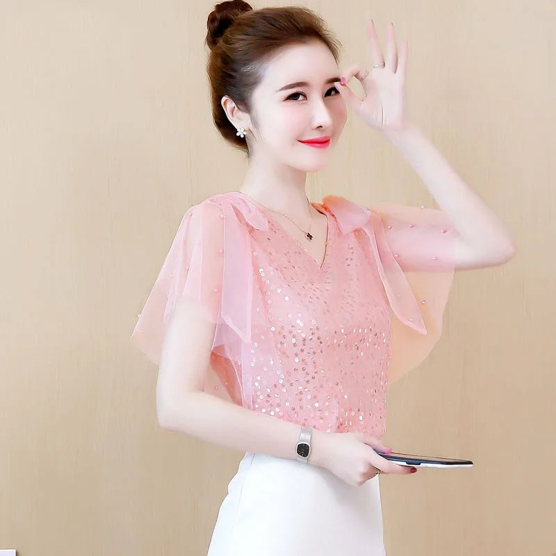 Mumzar women's sequin chiffon blouse in soft pink with flutter sleeves for a stylish look