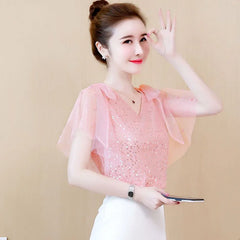 Mumzar women's sequin chiffon blouse in soft pink with flutter sleeves for a stylish look