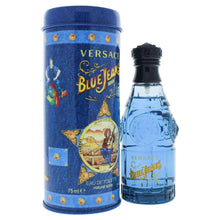 Versace Blue Jeans Eau de Toilette bottle with blue glass, and blue tube beside it