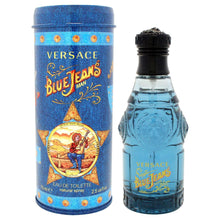 Versace Blue Jeans Eau de Toilette bottle and blue tube, printed label and black cap