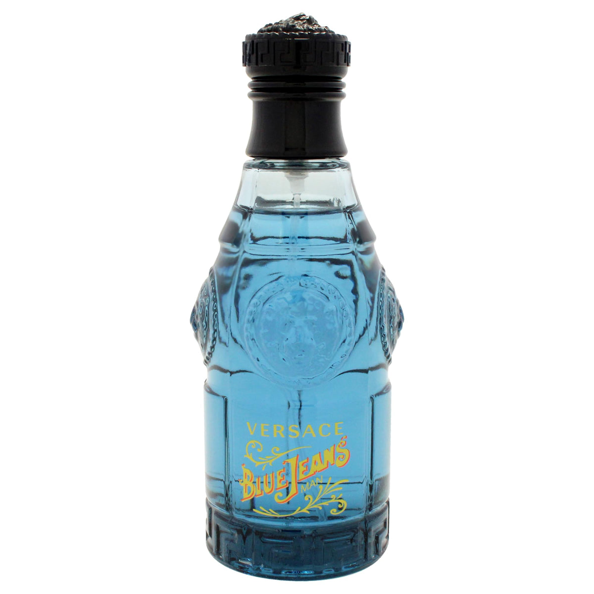 Versace Blue Jeans perfume bottle with blue liquid and black cap buy Versace Blue Jeans perfume Dubai