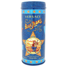Versace Blue Jeans Eau de Toilette tube, blue with “Versace Blue Jeans” graphic