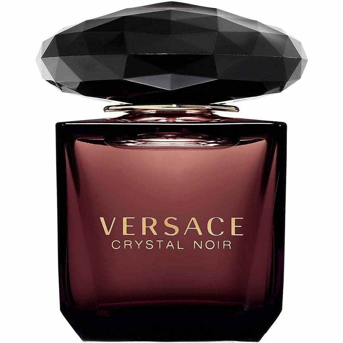 Versace Crystal Noir perfume 90ml bottle with elegant dark purple glass and black gemstone cap