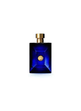 Versace Dylan Blue EDT fragrance bottle, blue glass with gold cap