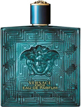Versace Eros Eau De Parfum bottle front view, teal patterned glass and gold cap