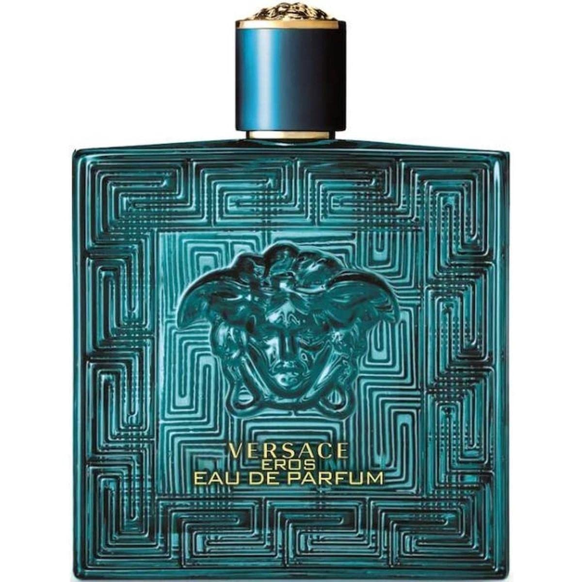 Versace Eros Eau De Parfum 200ml bottle in blue with Medusa head embossed and gold lettering