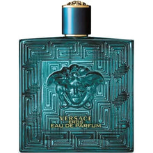 Versace Eros Eau De Parfum bottle, teal geometric glass with gold cap