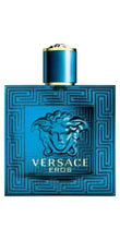 Versace Eros men's EDT spray bottle with gold cap, blue patterned front