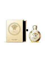 Versace Eros Pour Femme EDT box with matching gold bottle and cap, lion medallion