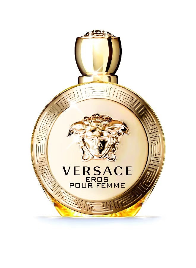 Versace Eros Pour Femme EDT 100ml in an elegant bottle with a gold design and iconic Medusa emblem