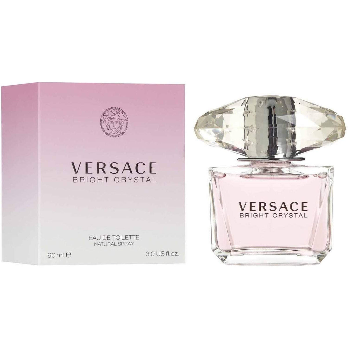 Versace Bright Crystal luxury Eau de Toilette for women with pink gradient box and faceted clear cap