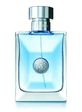 Versace Pour Homme EDT bottle, light blue glass with silver cap and medallion