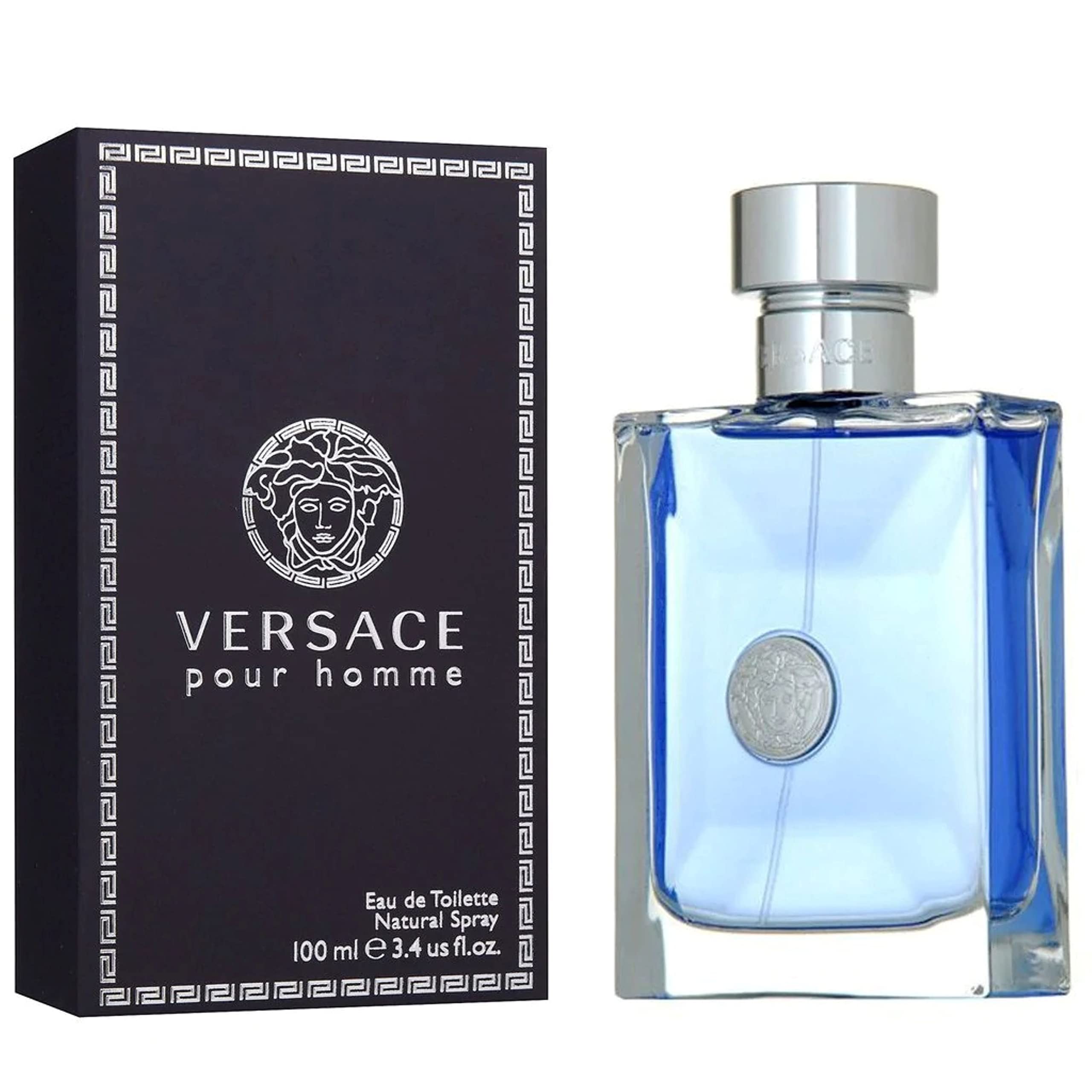 Versace Pour Homme perfume UAE bottle with blue fragrance liquid and black branded packaging