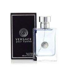 Versace Pour Homme eau de toilette set: blue bottle with silver cap and black box.