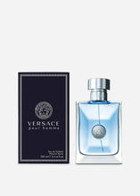 Versace Pour Homme eau de toilette set: blue bottle with silver cap and dark box.