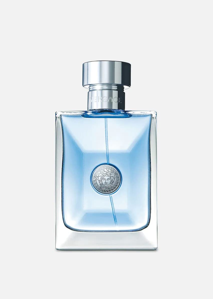 Versace Pour Homme perfume UAE blue liquid in clear glass bottle with silver cap and Medusa logo