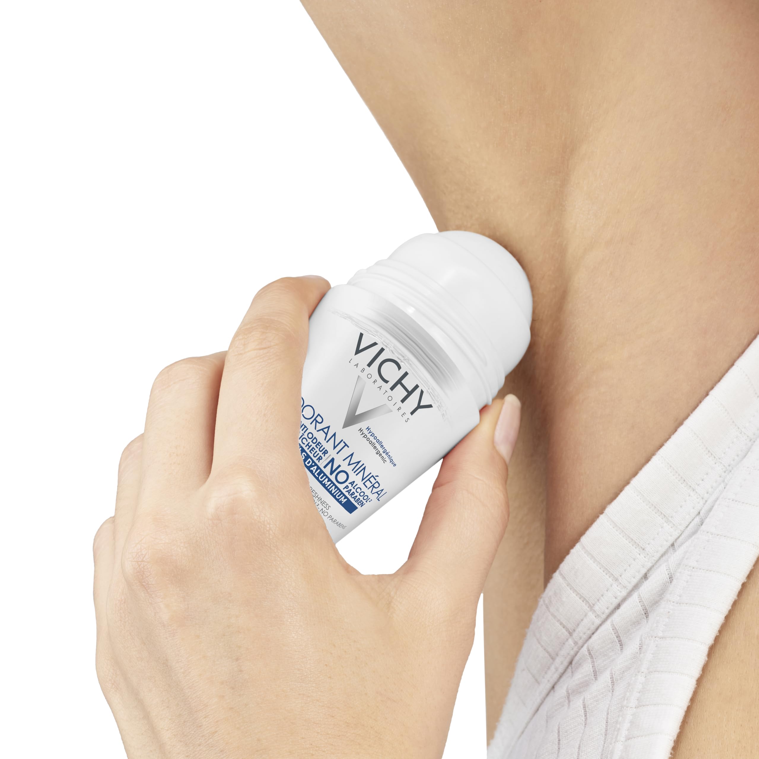 Vichy 48 hour aluminum free deodorant applied to skin for effective odor protection