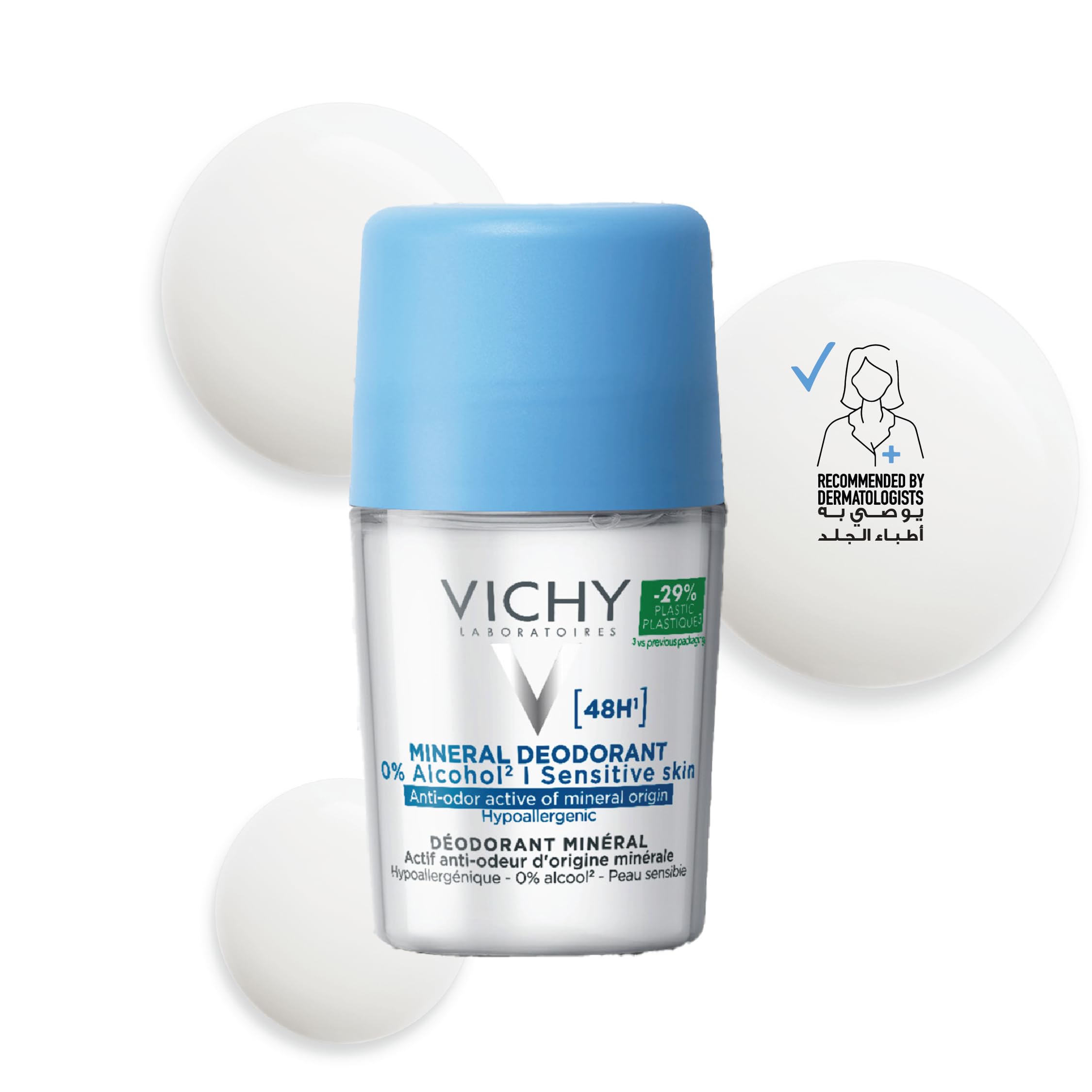 Vichy 48 hour aluminum free deodorant in a roll-on bottle designed for sensitive skin