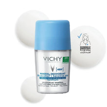 Vichy mineral deodorant bottle with blue cap and visible “48h” label