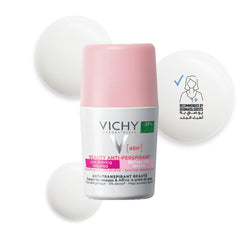 Vichy 48 hour deodorant for women in a pink roll-on bottle designed for sensitive skin
