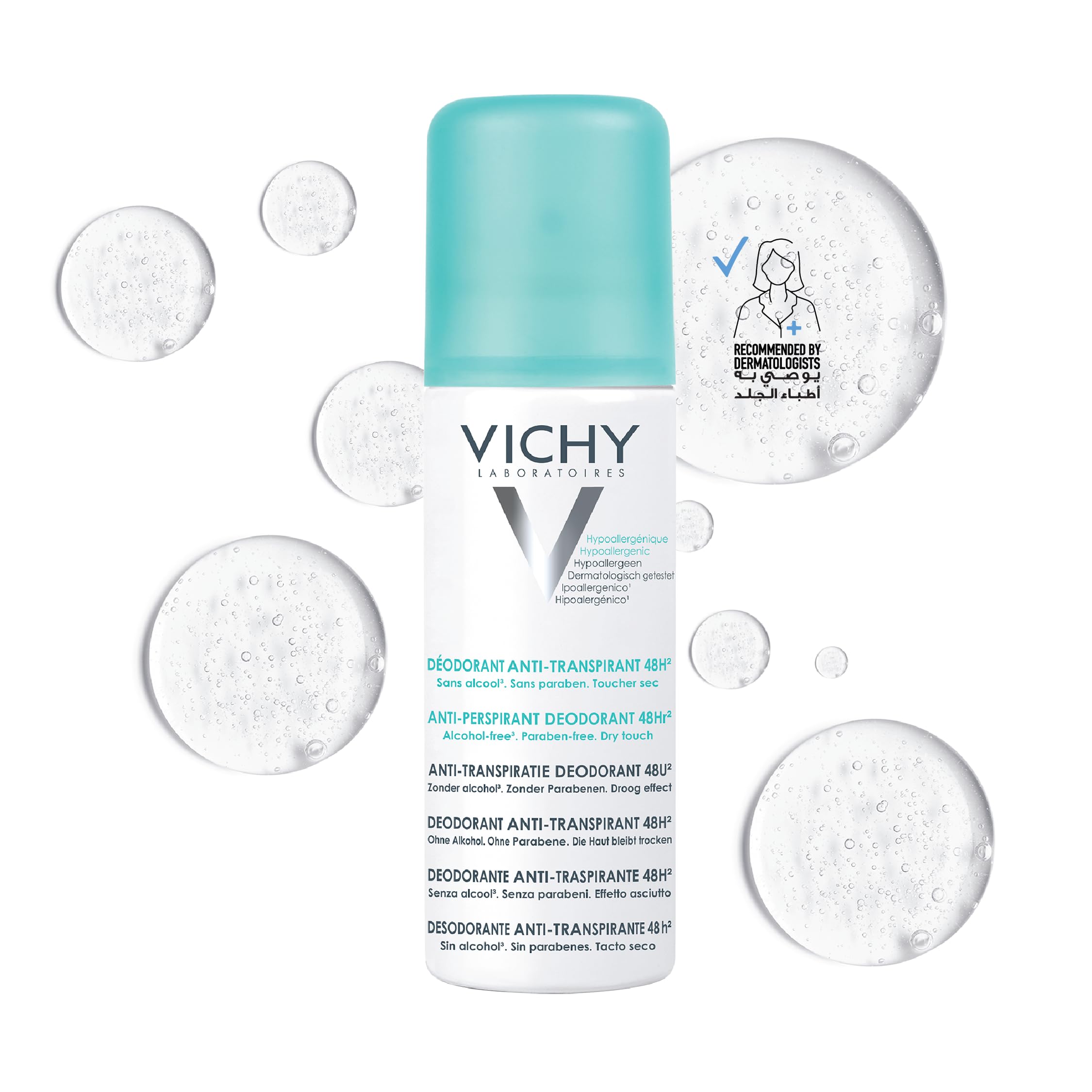 Vichy 48 hour deodorant spray in a white bottle with a clean design for lasting freshness and protection