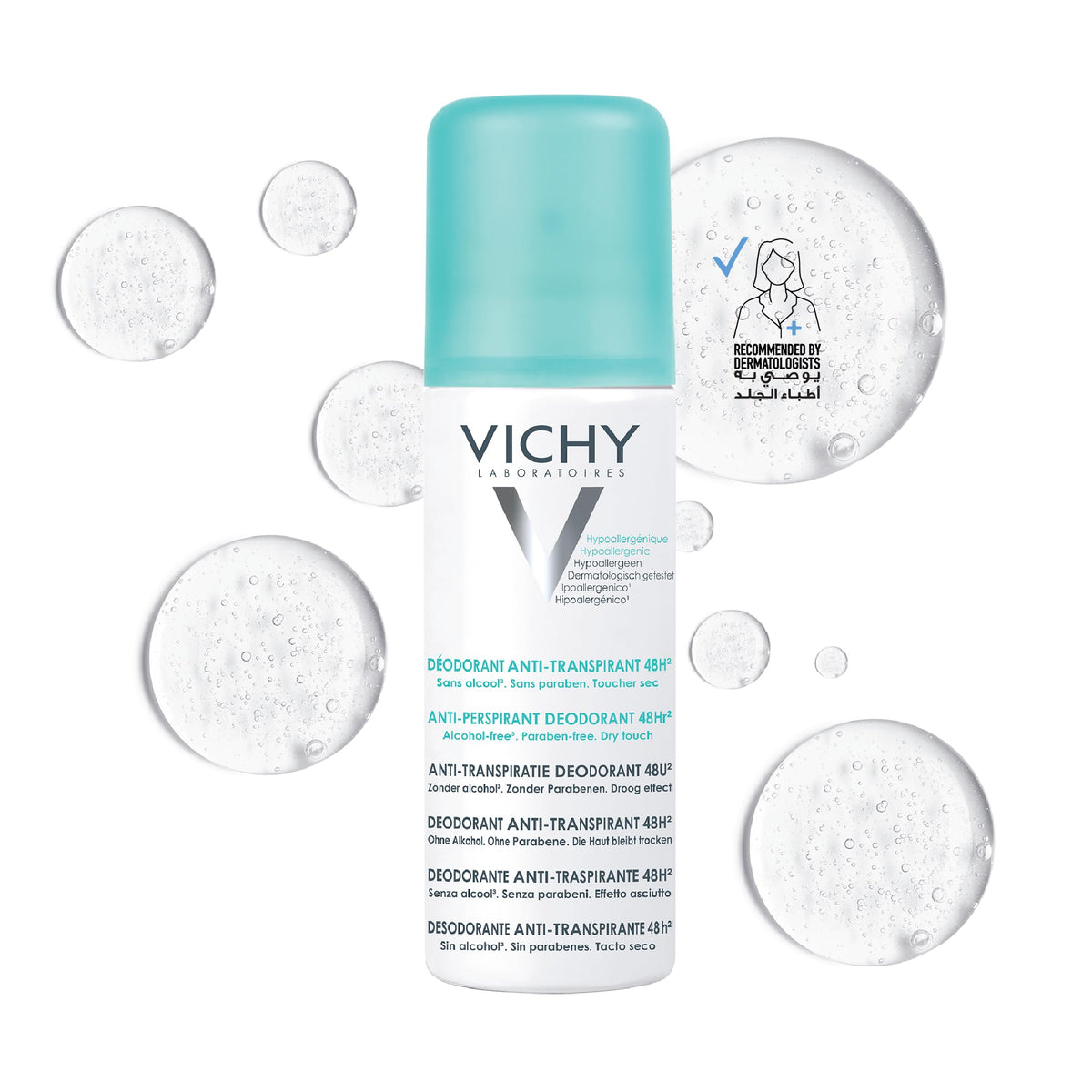 Vichy 48 hour deodorant spray in a white bottle with a clean design for lasting freshness and protection