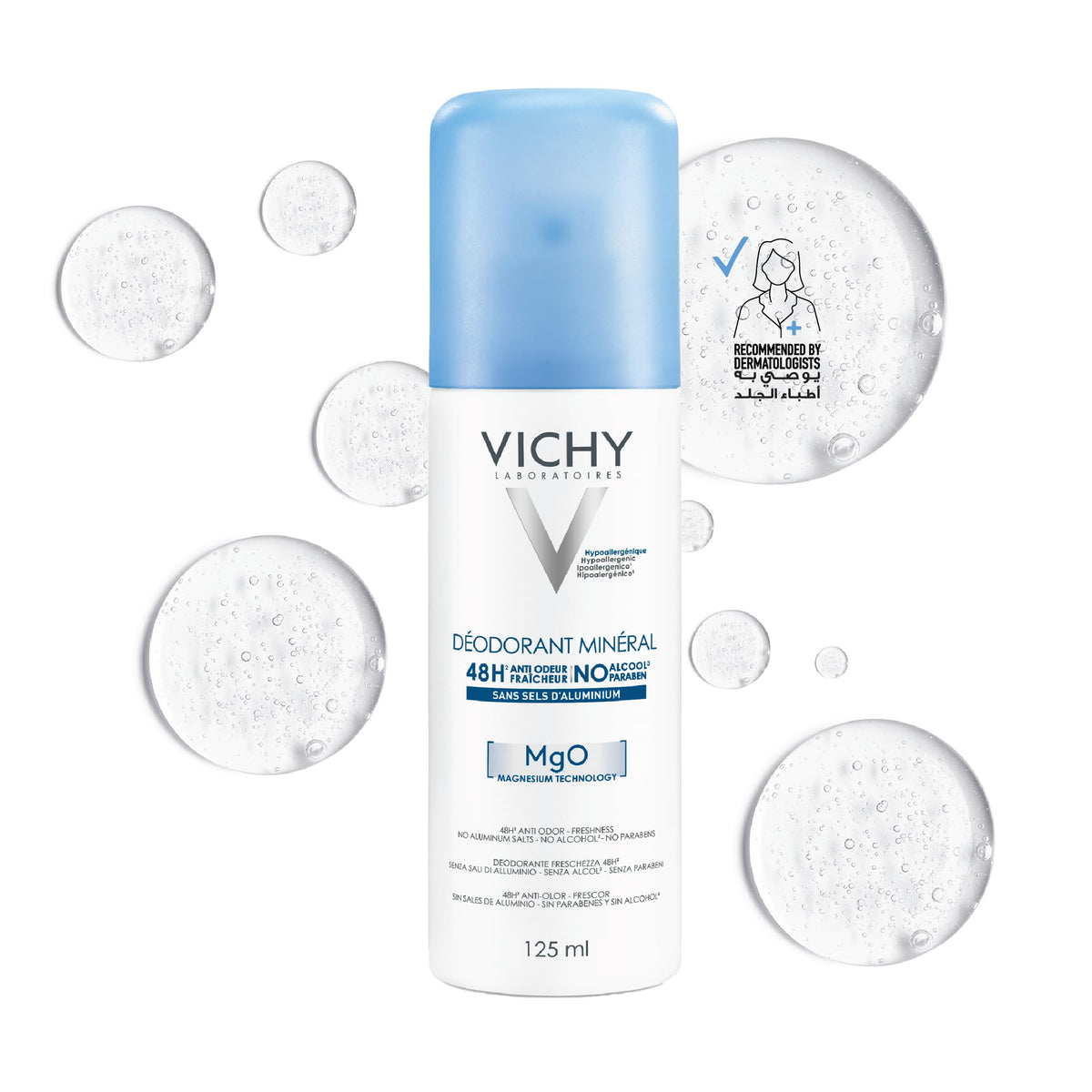 Vichy 48H mineral deodorant spray in a sleek bottle with a light blue cap, featuring no alcohol and long-lasting formula