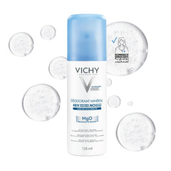 Vichy 48H mineral deodorant spray in a sleek bottle with a light blue cap, featuring no alcohol and long-lasting formula