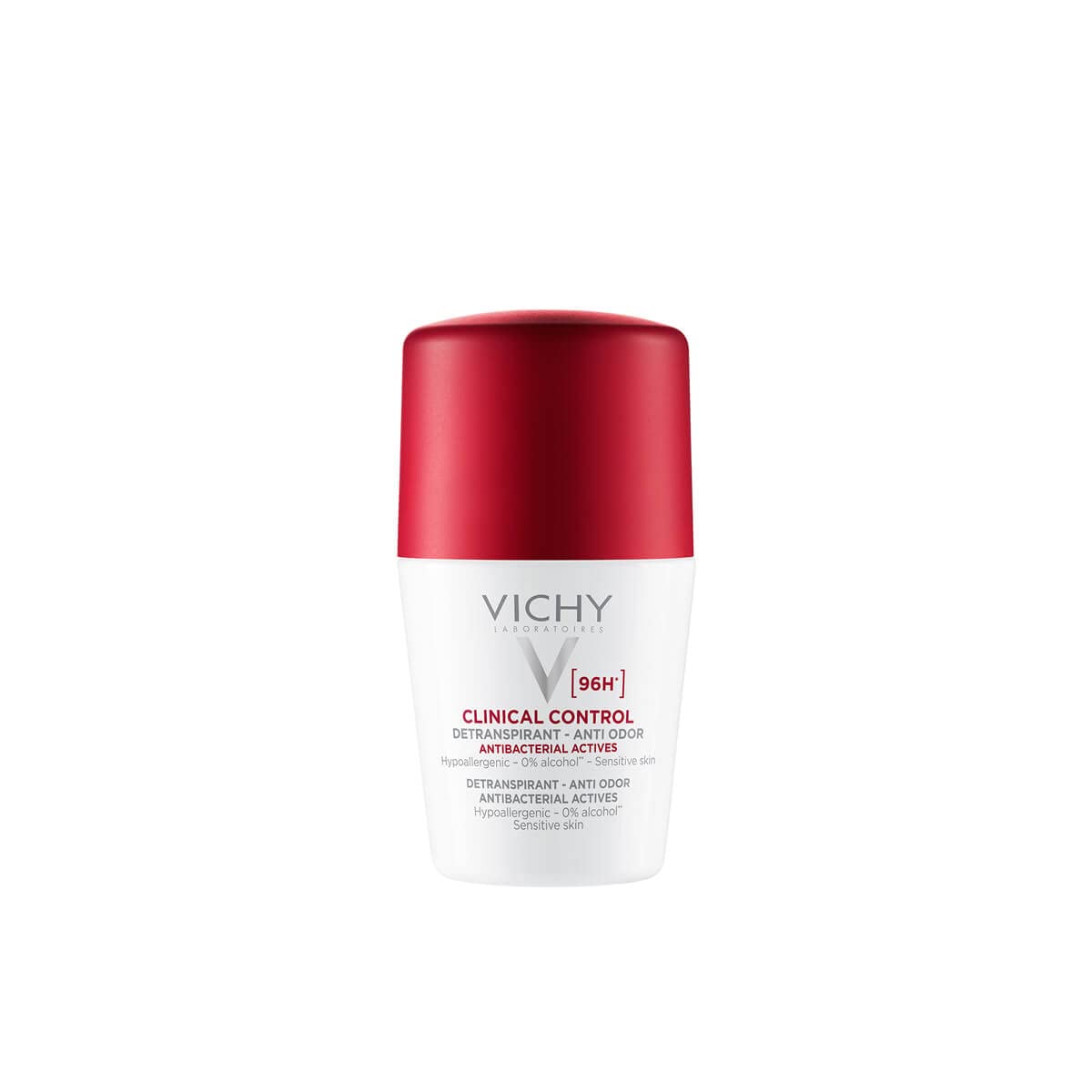 Vichy 96 hour deodorant for women in a white bottle with a red cap and a sleek design