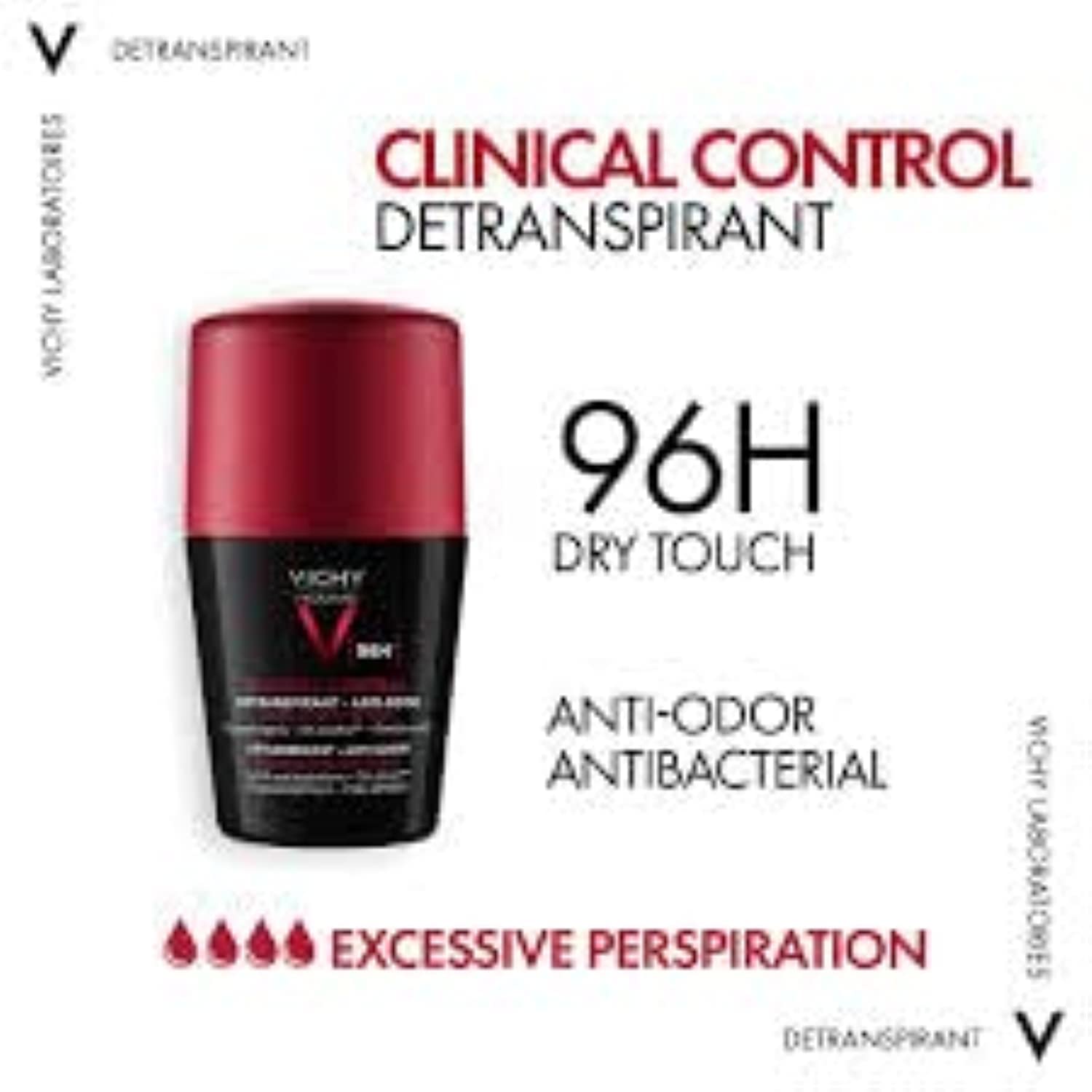 Vichy 96 hour men deodorant in a roll-on format for anti-odor and excessive perspiration control
