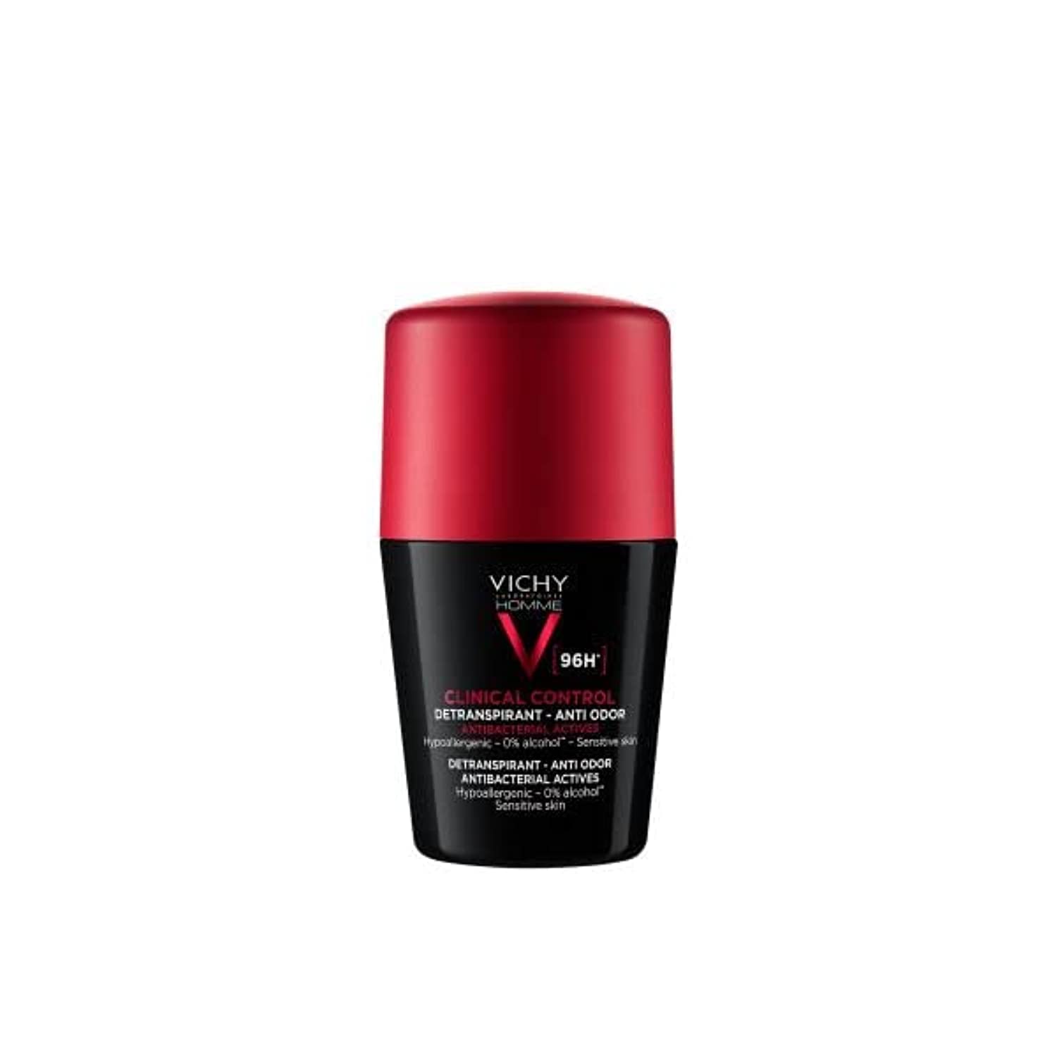 Vichy 96 hour men deodorant in a sleek black and red roll-on design for all-day freshness