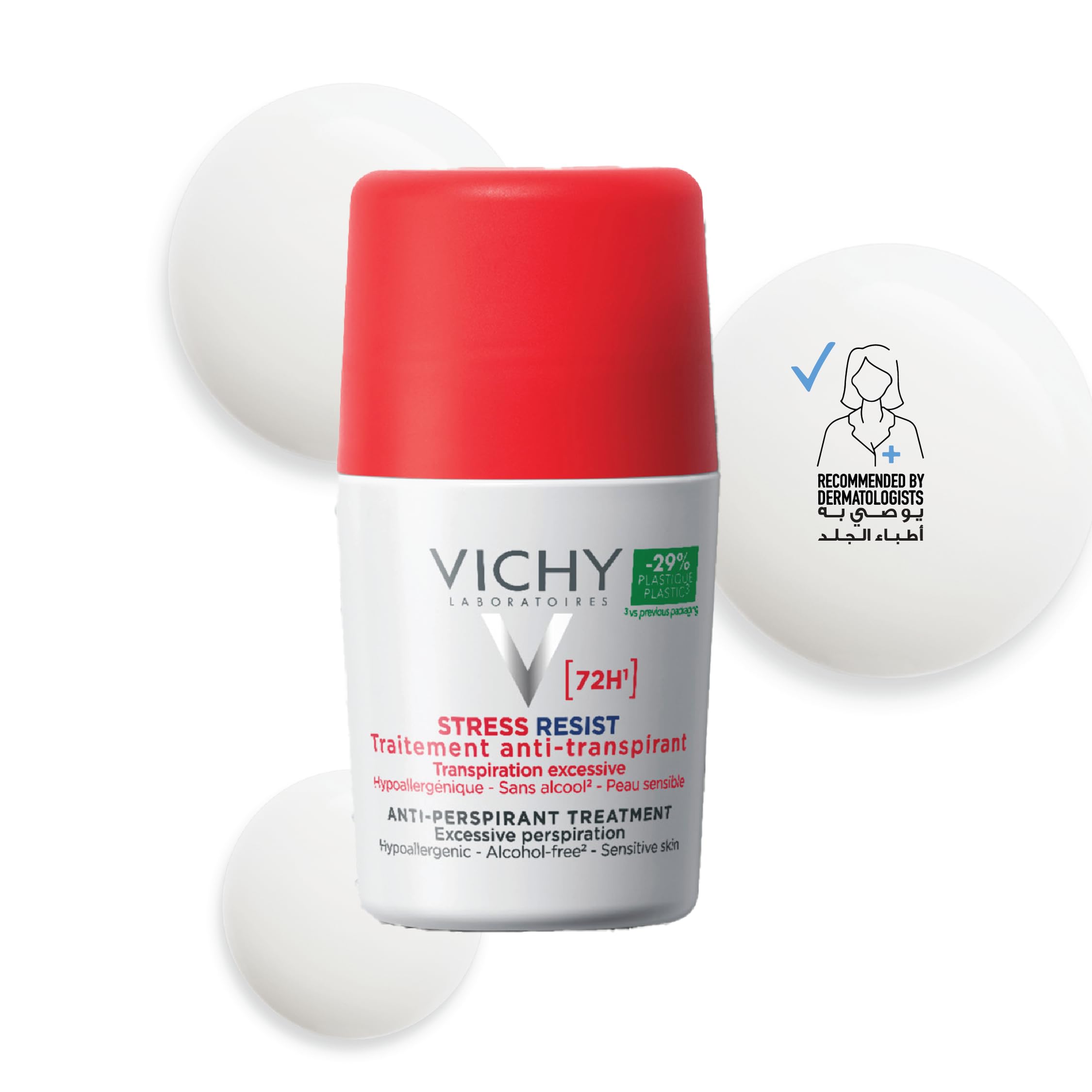 Vichy anti-stress roll-on deodorant with 72-hour protection for sensitive skin, alcohol-free formula