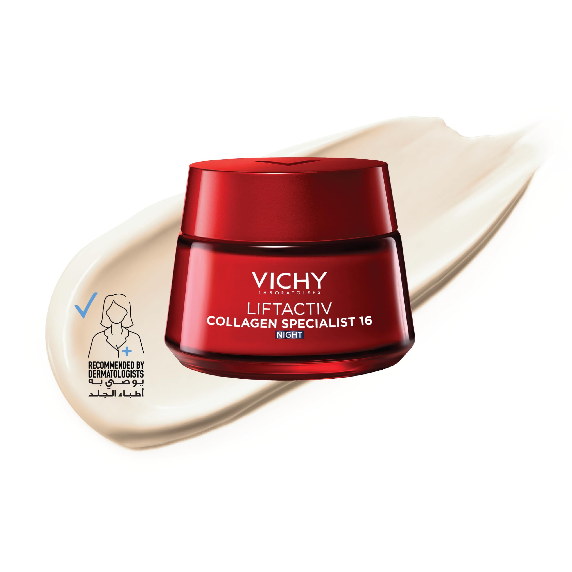 Vichy Collagen Specialist Night Cream in a red jar with a creamy texture on a surface
