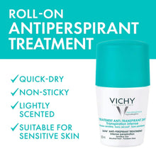 Roll-on antiperspirant treatment with teal cap; quick-dry, non-sticky, light scent