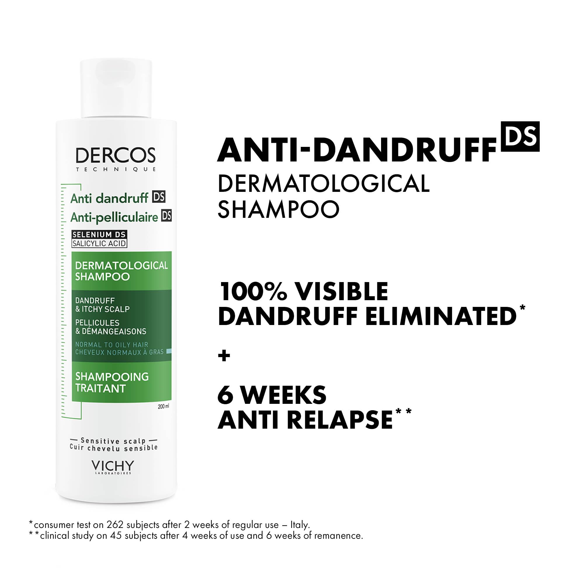 Vichy Dercos anti dandruff shampoo in a 200ml bottle for effective dandruff control and scalp care