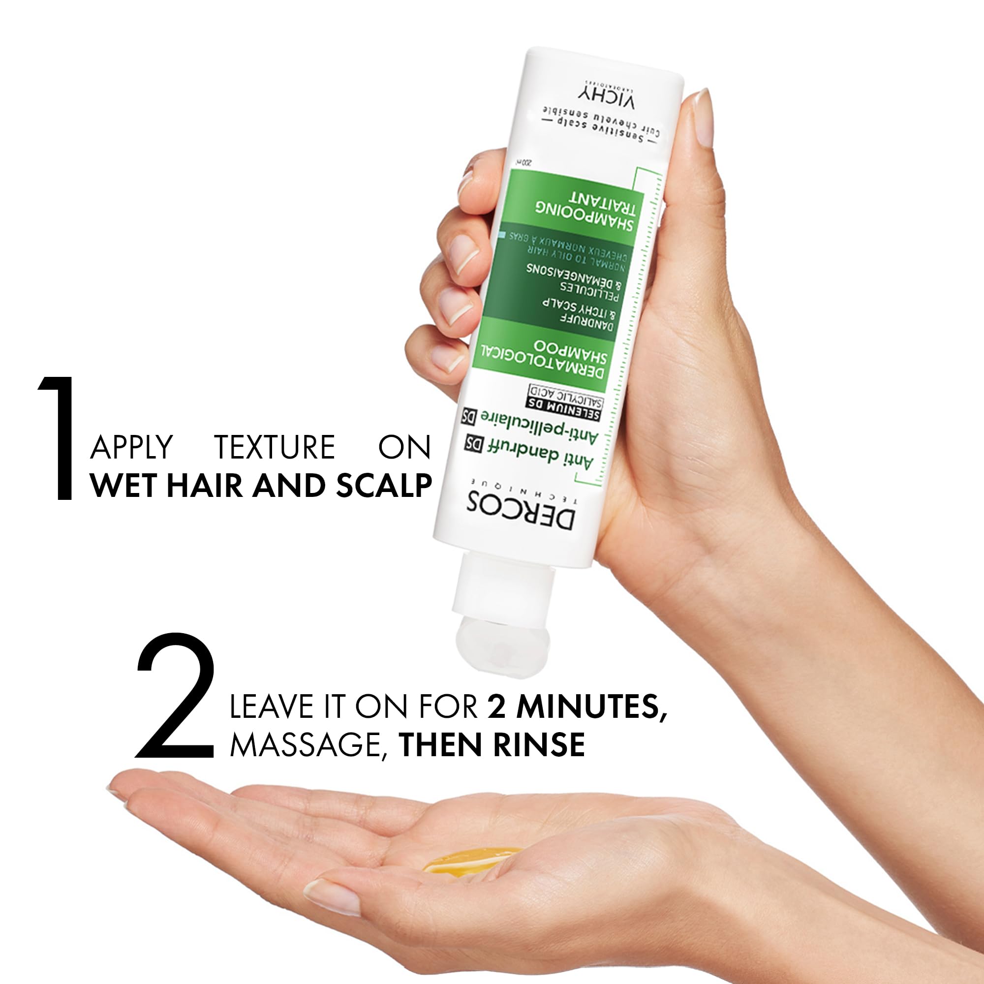 Instructions for Vichy Dercos anti dandruff shampoo application on wet hair and scalp